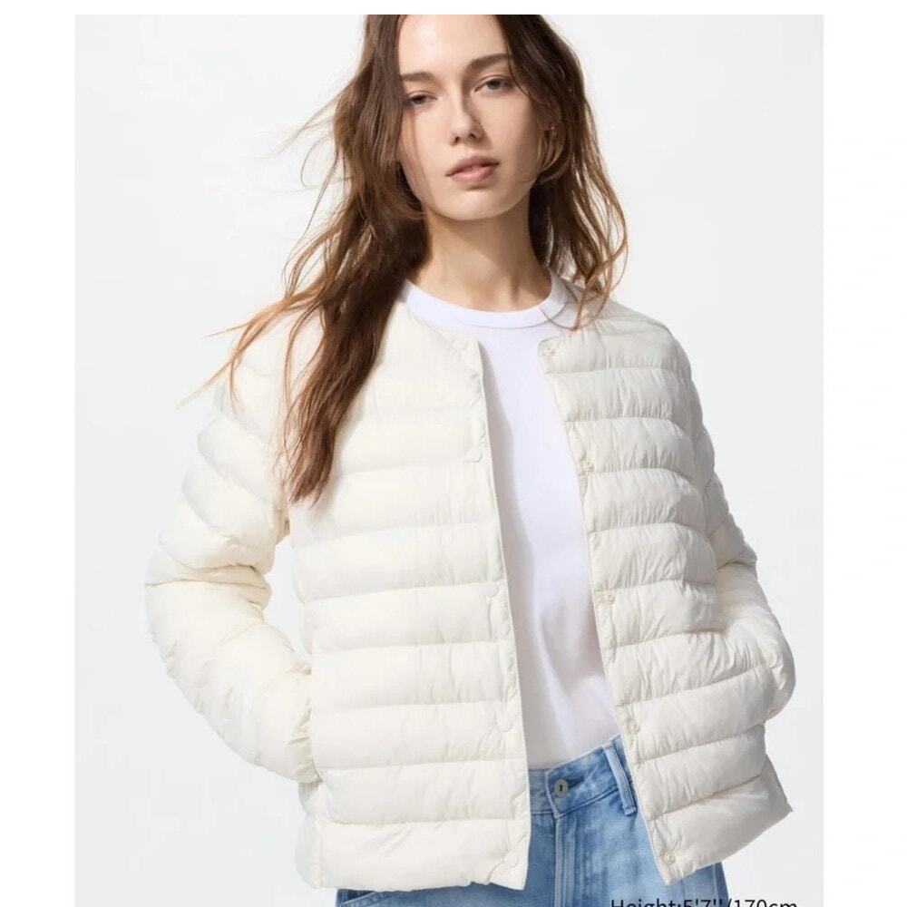 Uniqlo Womens Ultra Light Packable Down Puffer Jacket Snap M Travel Ivory